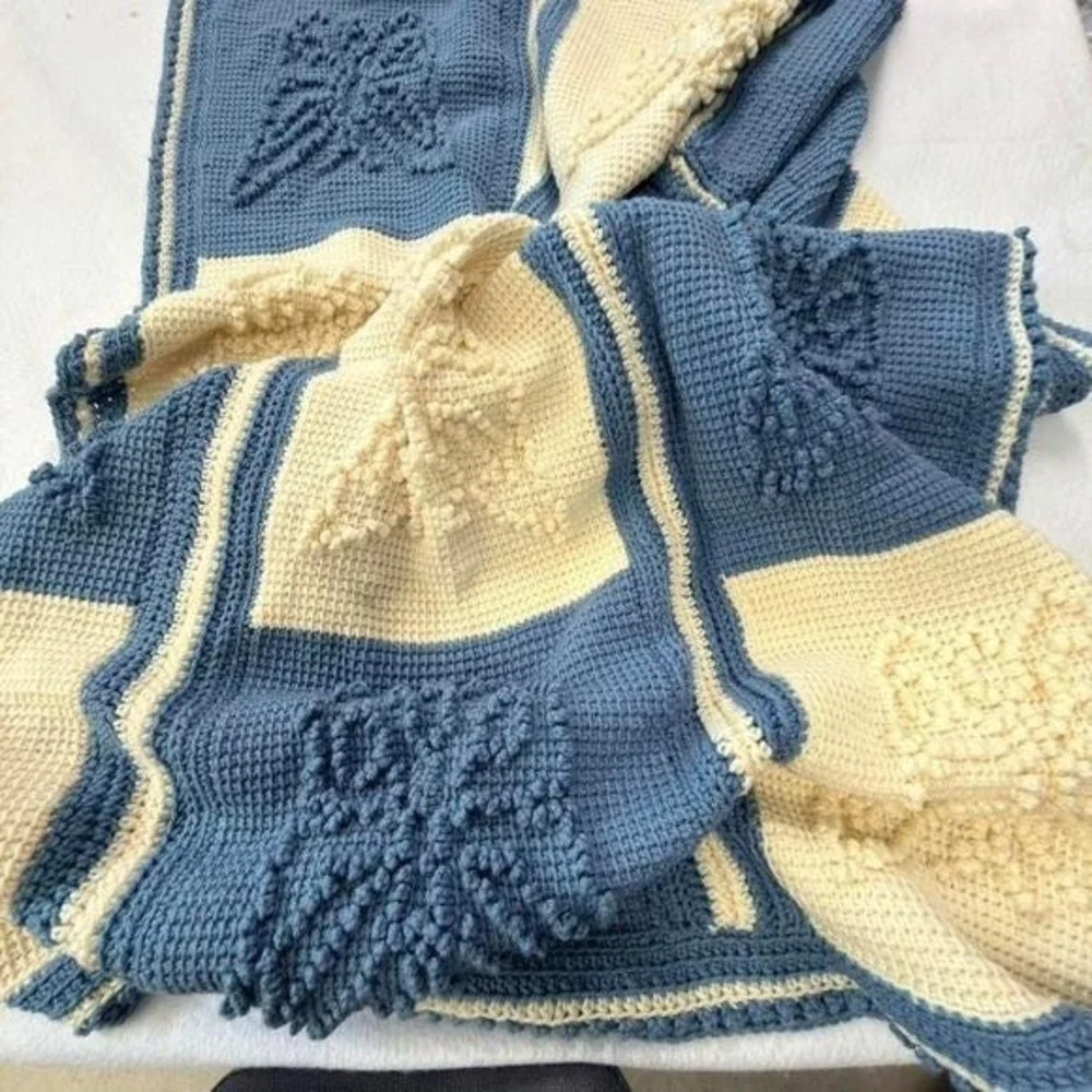 Handmade Crochet Butterfly Afghan Throw Blanket 54x68 Blue Cream Cottagecore